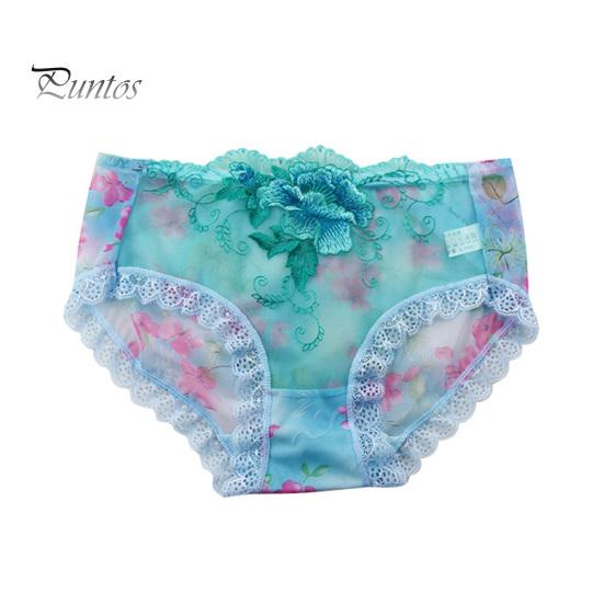 Underpants Women Panties Rose Embroidery Flower Print Mid Waist Stretch Briefs See-through Lace Sexy Ladies Underwear Daily Wear