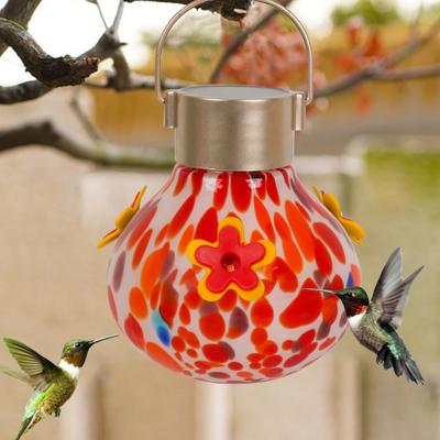 Kolibri-Futterspender mit Solarlicht Wasserdicht Outdoor Garten Hof Hängend Automatische Beleuchtung Halbautomatisch Glas Vögel Fütterungsgerät Dekoration