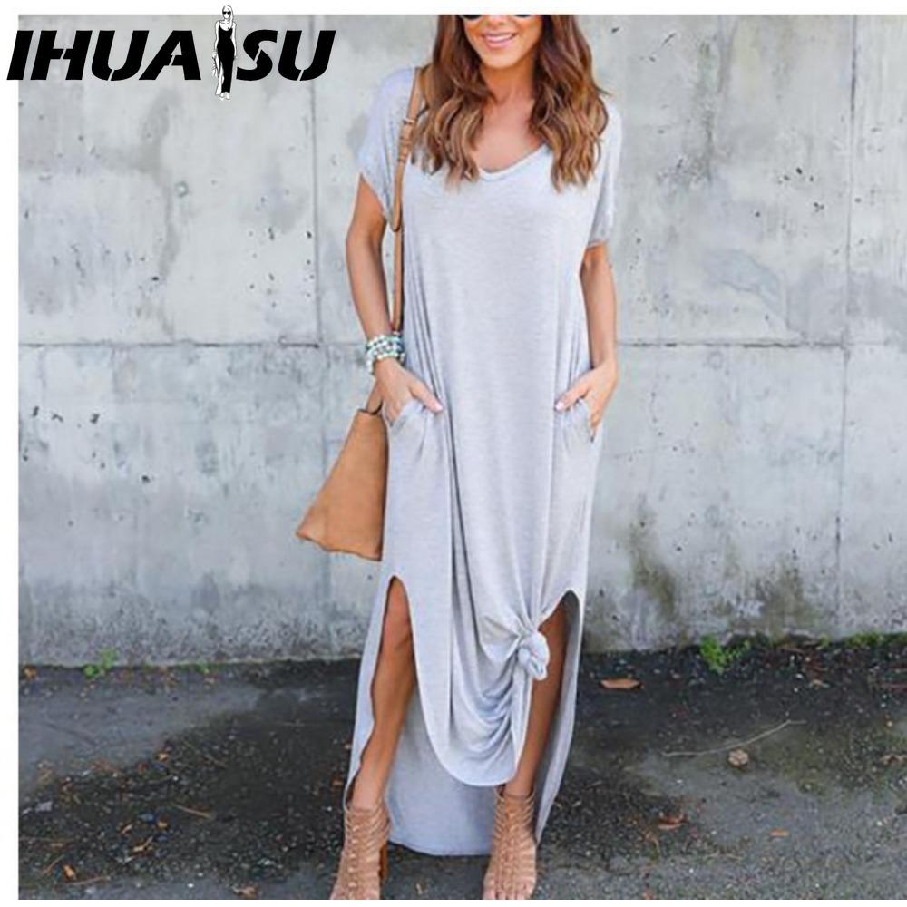 IHUASU Sexy Damesjurk Grote Maat 5XL Zomer Effen Casual Korte Mouw Maxi Jurk voor Dames Lange Jurk Damesjurken