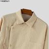 INCERUN Oversized Men Turn Down Collar Long Sleeve Side Cross Irregular Texture Shirts Tops