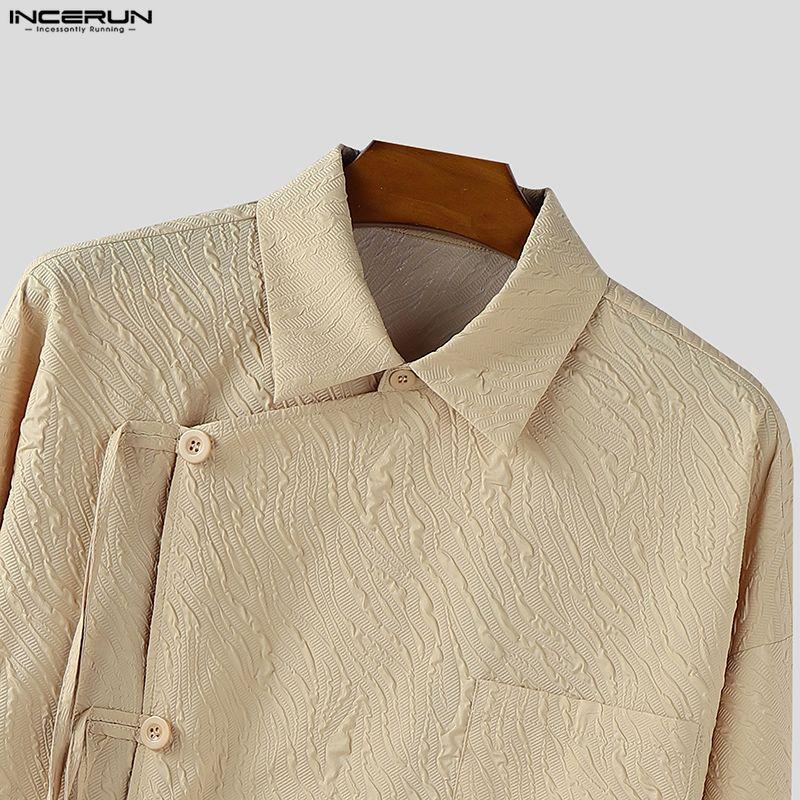 INCERUN Oversized Men Turn Down Collar Long Sleeve Side Cross Irregular Texture Shirts Tops
