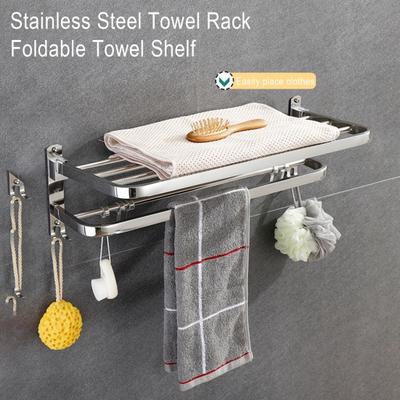 Skládací držák na ručníky Polička na ručníky s pohyblivými háčky Nerezový nástěnný organizér na ručníky do koupelny
