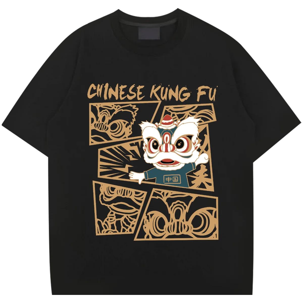 

Футболка Lion Dance, свободная футболка с круглым вырезом, ретро-футболка Harajuku для мужчин, высококачественные повседневные удобные футболки, футболка в стиле рэп XXXXXL чёрный