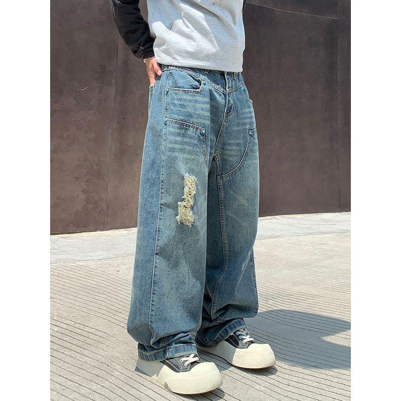 Wassup American High Street Fashion Brand Ripped Jeans for Men, Autumn and Winter Loose Straight-Leg Design Washed Wide-Leg Pants
