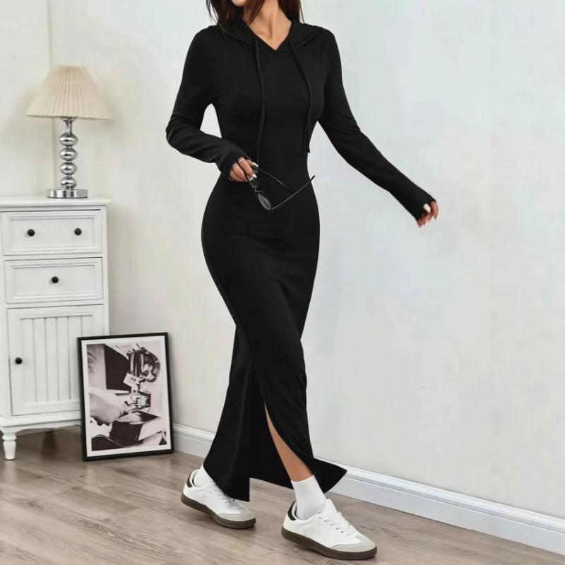 2026 Fashion Hooded Sweatshirt Dress with High Waist Slit Casual Hoodie Long Dresses Solid New Spring Autumn Slim Wrapped Party Dress