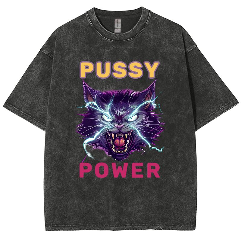 Power Cat Print Wash Women's T-Shirt Oversized Y2K Trend Hip Hop Retro Short Sleeve Harajuku Casual Top Summer