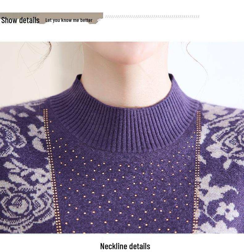 Elegant Knit Top for Middle-Aged & Elderly Women - Autumn/Winter Half-High Collar with Fleece Lining