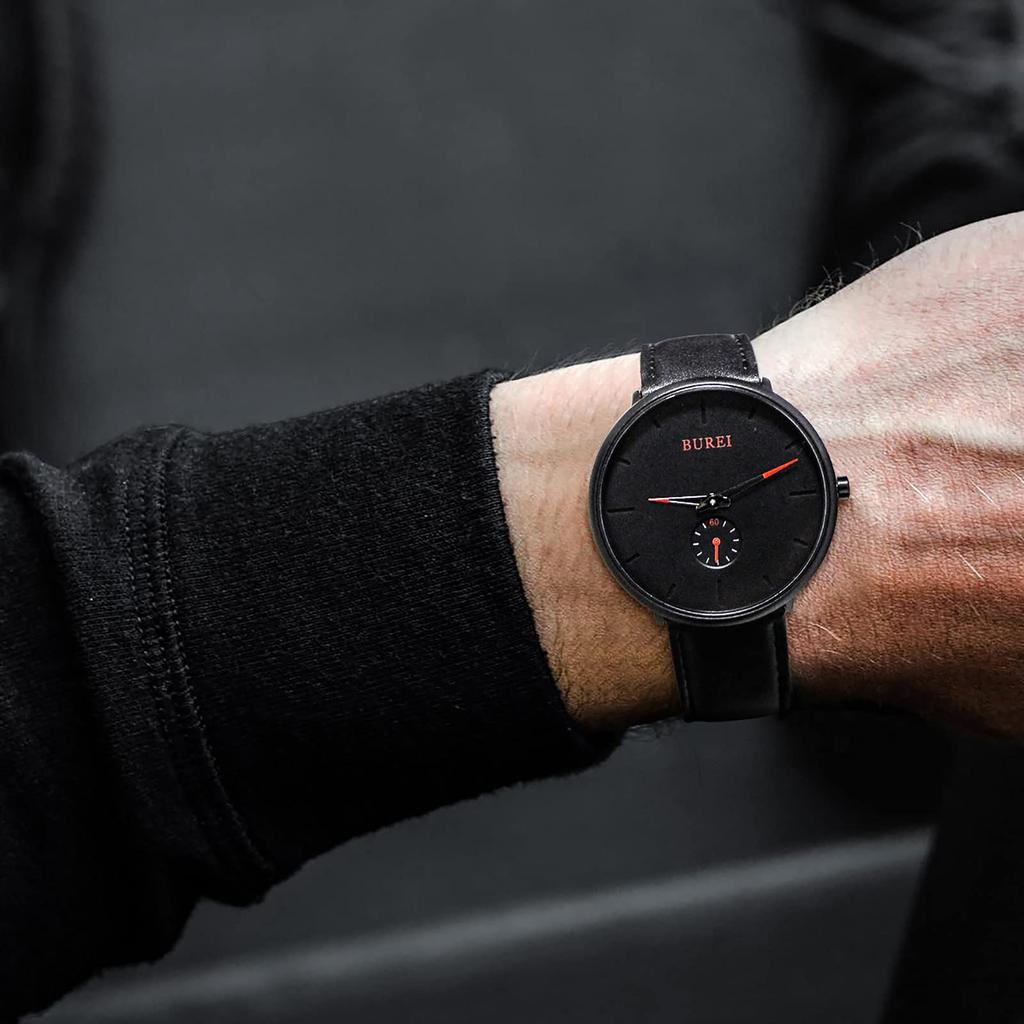 BUREI Men's Black Watch, Simple, Stylish, Popular, Waterproof, Stylish Brand, Men's Watch (Black-Black-Red, Leather)