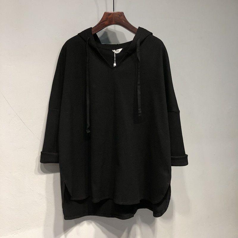 Spring and Autumn Fashion Maillard Wear Loose Casual Waffle V-neck Long Sleeve Solid Oversized Women's Mid Length Hoodie