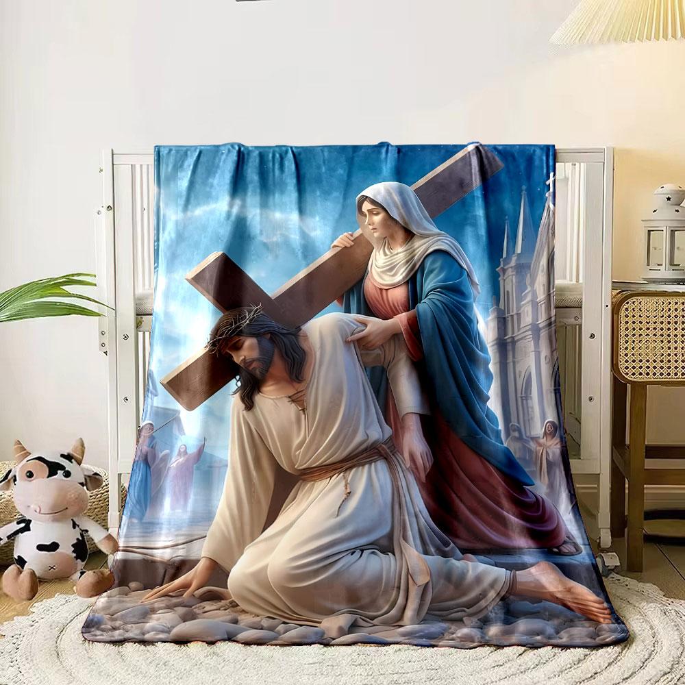 Jesus Carrying Cross Mary Comforting Blanket Printed Blanket for Living Room Bed Couch lunch break Soft Cozy Blanket for Friend's festival Gift