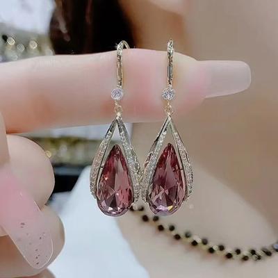 1 Pair Hook Earrings High-class Temperament Elegant Rhinestone Gift Faux Purple Crystal Waterdrop Dangling