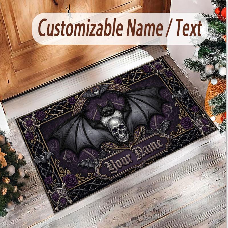 Skull Gothic Theme Soft Crystal Velvet Rug Custom Name & Text Print Non Slip Floor Rug for Bedroom Living Room