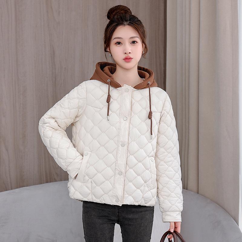Diamond lattice down cotton jacket women's short autumn and winter new light and light padded cotton jacket hooded padded jacket
