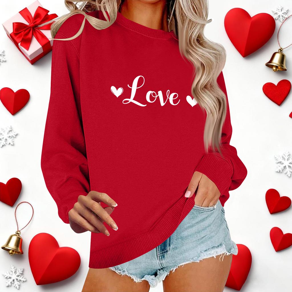 Haut décontracté à col rond et manches longues pour femme avec imprimé pour la Saint-Valentin