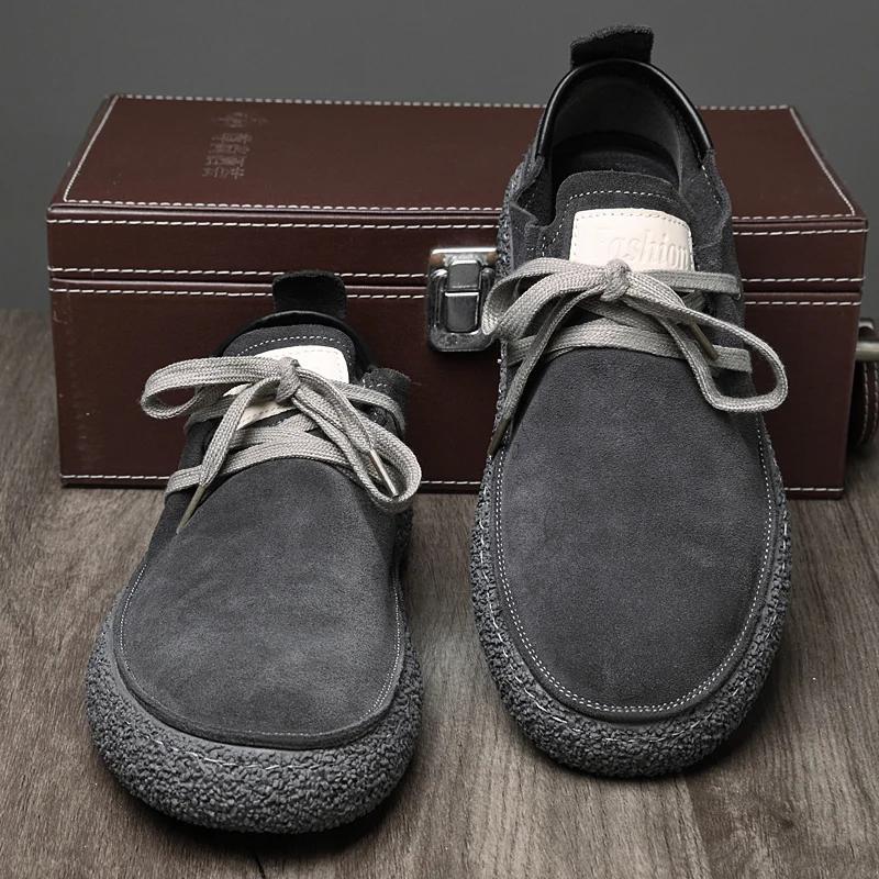Fashion Casual Shoes Men Lace Up Sneakers Designer Flat Shoes Men Lace-Up Oxfords Cow Suede Leather Fashion Round Toe Casual Shoes Men