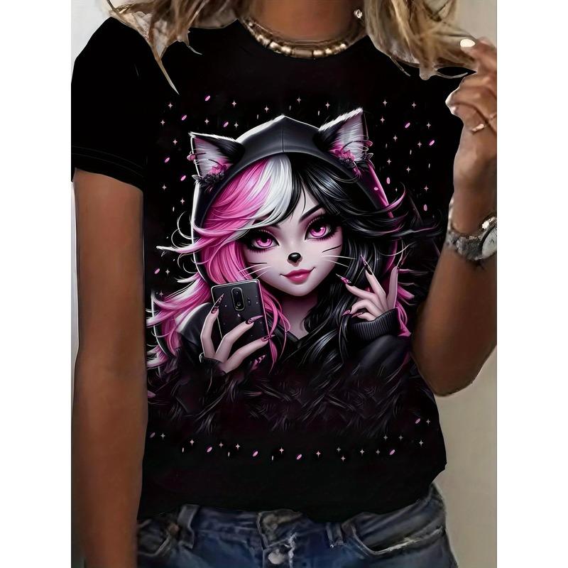 

Women s Anime Cat Ear Manga Graphic Casual Short Sleeve Crew Neck Tee 4XL чорний