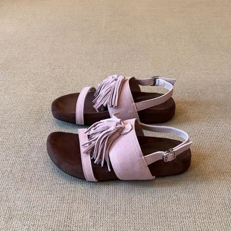 

Blue cabinet version~ retro niche matte tassel with Roman shoes for women s super soft and comfortable vacation sandals 35 розовый