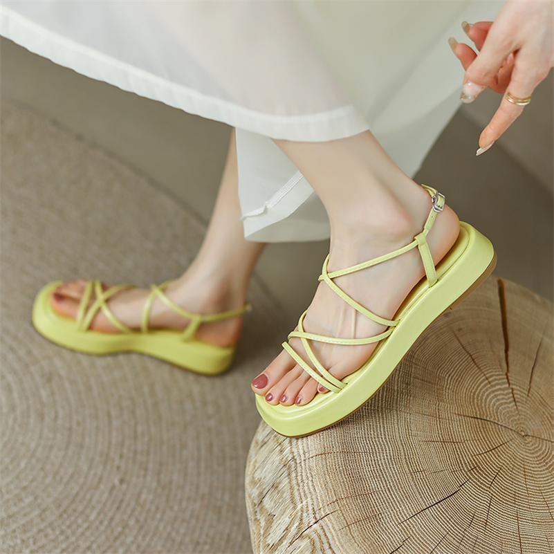Meotina Femmes chaussures en cuir véritable plate-forme été boucle sandales sangle croisée chaussures pour dames abricot jaune cuir de vache