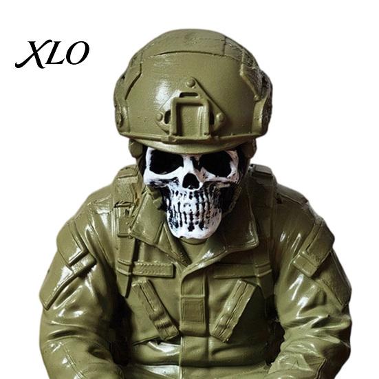Alternative Home Display Halloween Skeleton Ornament, Policeman/Military Resin Gothic Skull Figurine, Ornaments Dark Style Sitting Pose Sculpture for