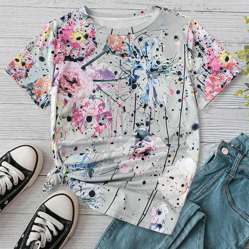 Fashion Women Creative Colorful Flower Splicing Print T Shirt Funny Casual O-neck Short Sleeves T-shirt Summer Female Tee Shirt