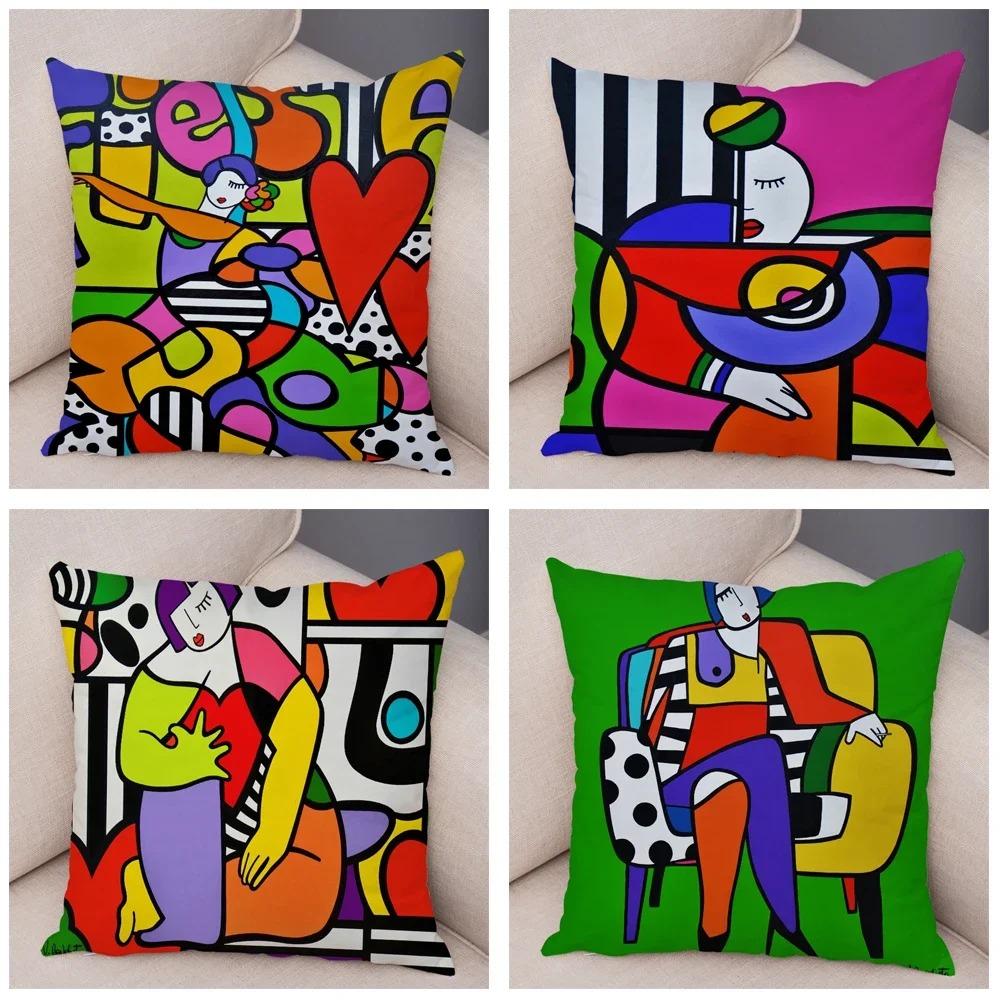 Geometric Cartoon Girl Decorative Pillowcase Living Room Office Ornaments Home Pillowcase