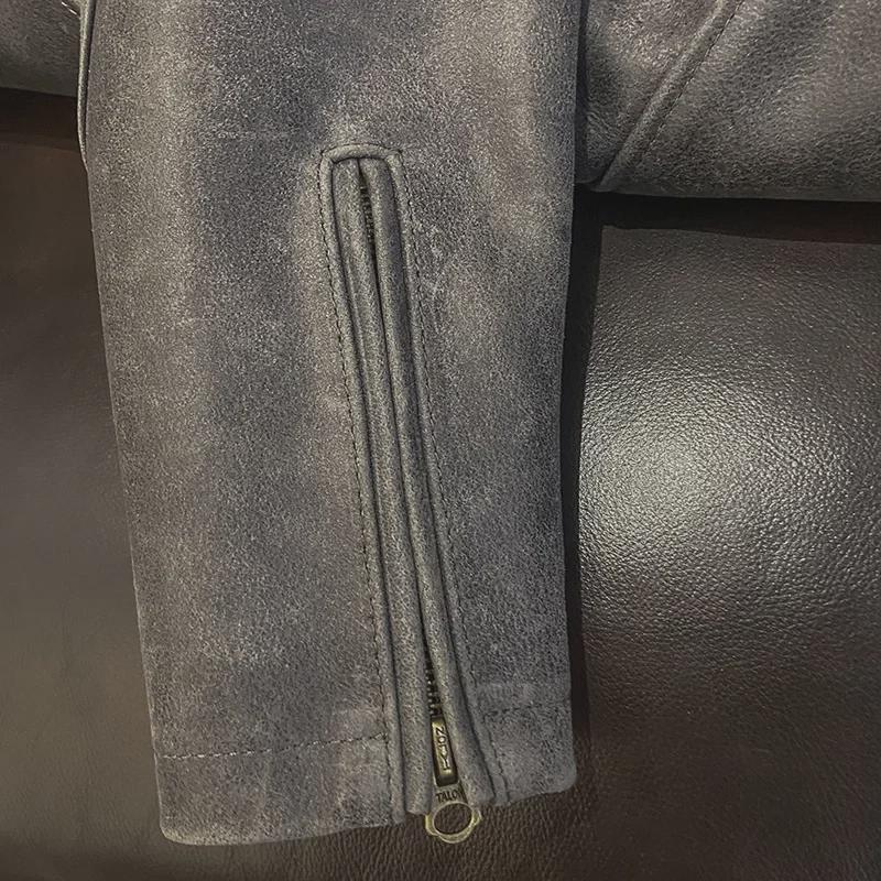 Men's Khaki Distressed Leather Jacket with Stand Collar and Multi-Pocket Design