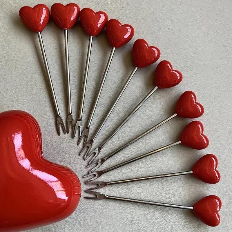 10 Stück Kreative Liebe Obstgabel mit Halter Niedliche Herzform Edelstahl Wiederverwendbare Metallspieße für Obst, Dessert, Vorspeisen