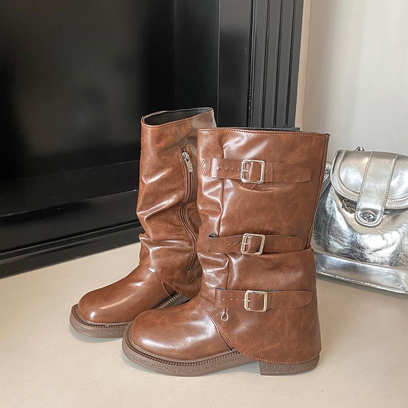 Vintage Stiefel mit dickem Absatz und mittlerer Höhe, Western-Cowboy-Stiefel, Stapelstiefel, Ritterstiefel, frühe Herbst-Martinsstiefel, französische Röhrenstiefel, Damenstiefel