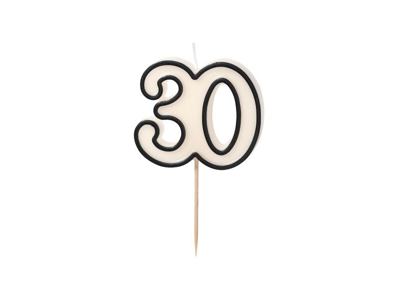 Birthday Candle '30', Thirtieth, Black-White, 5.5 Cm