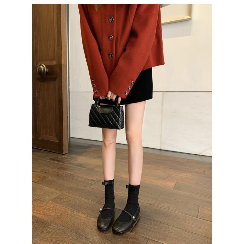 Sheepskin~ Rhombus Pearl Leather Shoes with Light Mouth Versatile Single Shoes Women's Flat Black Mary Jane Shoes