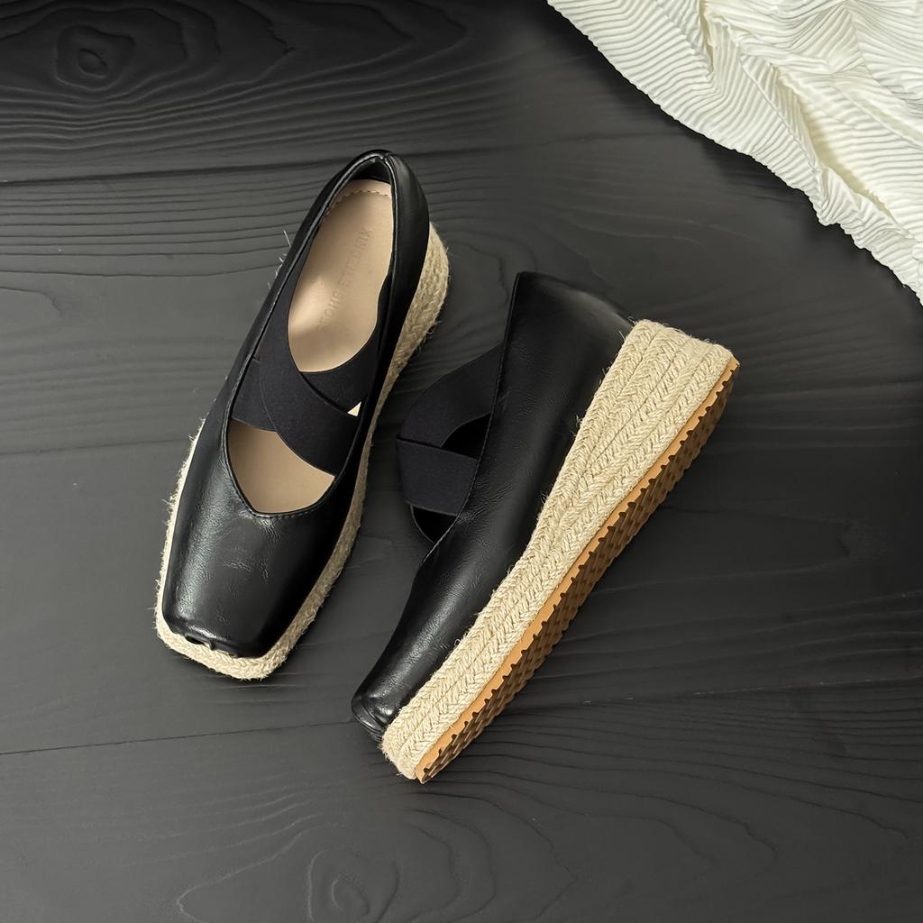 Korean version of ballet shoes 8CM inner height increase short shoes 2025 new straw platform cross with wedge heel single shoes