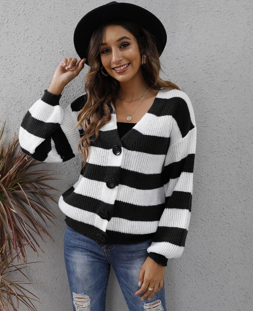 Women's cardigan cross-border European and American autumn and winter women's clothing new contrasting striped button splicing machine-woven sweater 