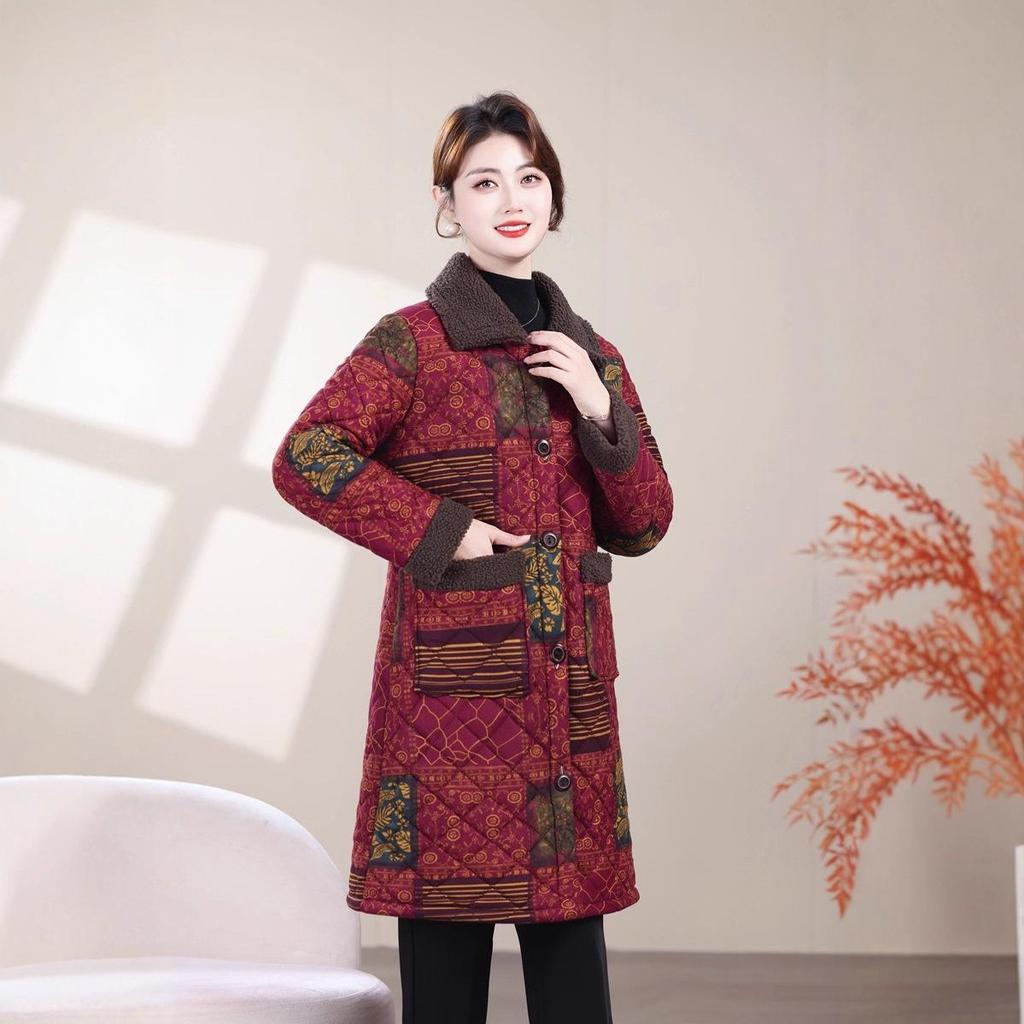 Mom's Thickened Mid-Length Winter Cotton Jacket with Fleece Lining, Plus Size, Warm Coat for Elderly Women