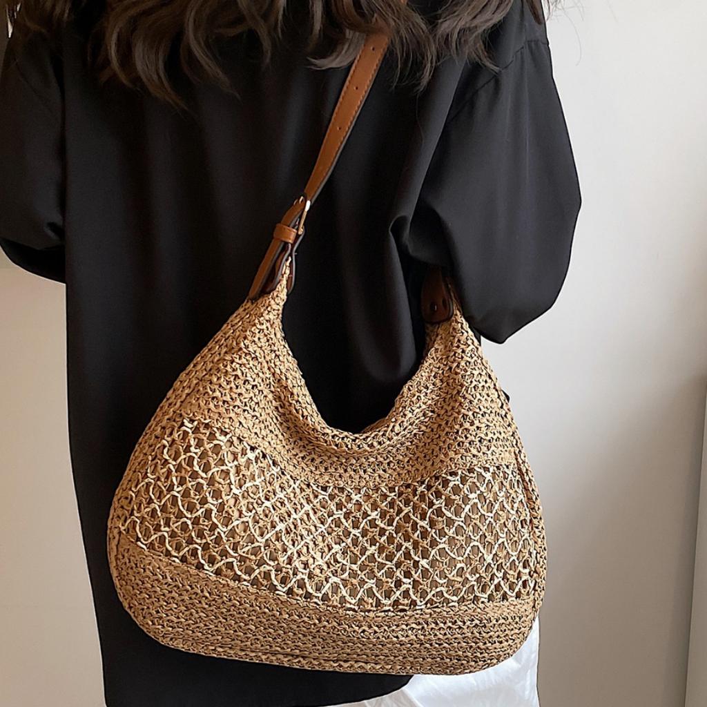 Holiday Wind Beach Straw Bag Women's New Fashion Hollow Woven Bag Casual Versatile Shoulder Messenger Bag Woven Straw Tote Bag for Women