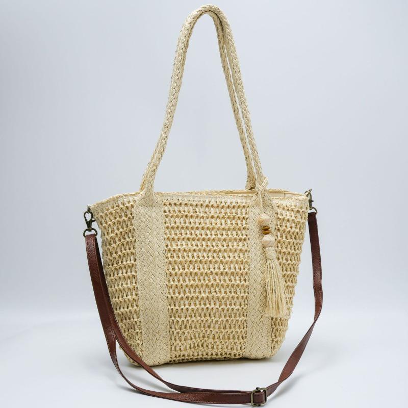 One Shoulder Crossbody Straw Woven Bag Fringed Handmade Zipper Woven Bag Large Capacity Seaside Vacation Beach Tote Bag Women