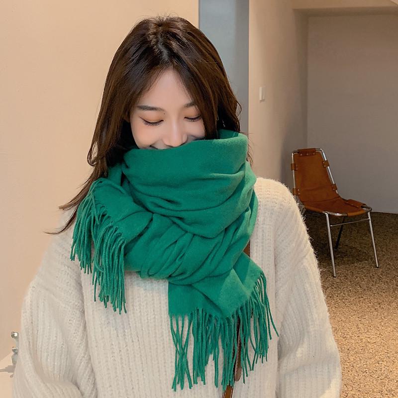 Women's and Men's Thick Warm Cashmere-Like Scarf - Autumn Winter Korean Style with Tassels, Solid Color