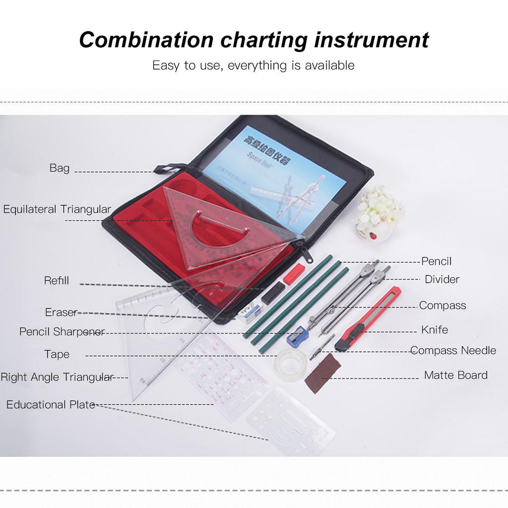 17Pcs Geometry Set Student Supplies Drawing Compass Pencil Rulers Eraser Drawing Kit