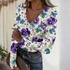 Women's Casual V-Neck Floral Print Long Sleeve Ribbed Top for Everyday Wear