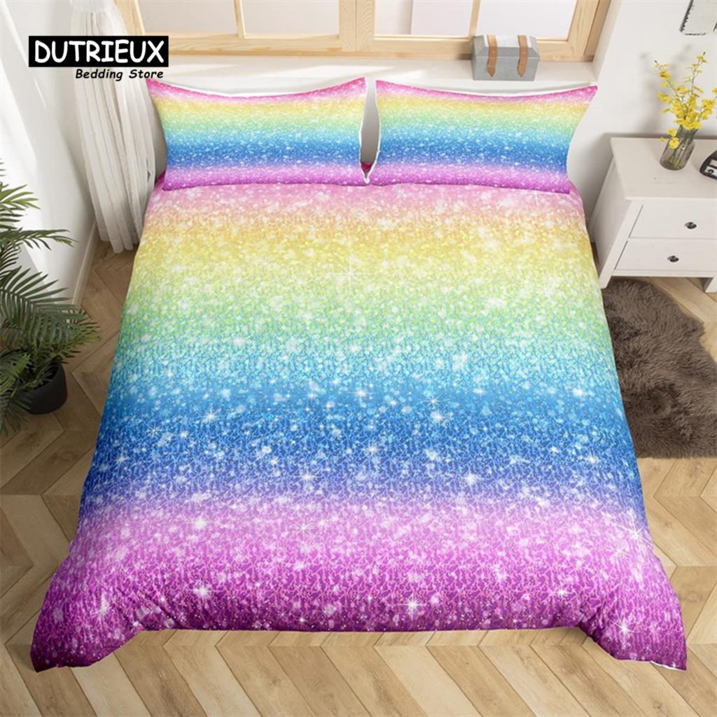 Colorful Glitter Duvet Cover Magical Fantasy Bedding Set Microfiber Fairy Dreamy Gradient Comforter Cover King For Boys Girls