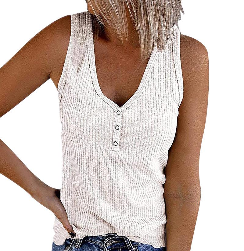 2023 Summer Women's Solid Color V-Neck Button Vest Sleeveless Top