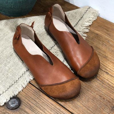 Natūralios odos retro stiliaus moteriški batai su minkštu padu, paplokščiai, rankų darbo, kasdieniai, negilūs, apvalūs, užsegami batai