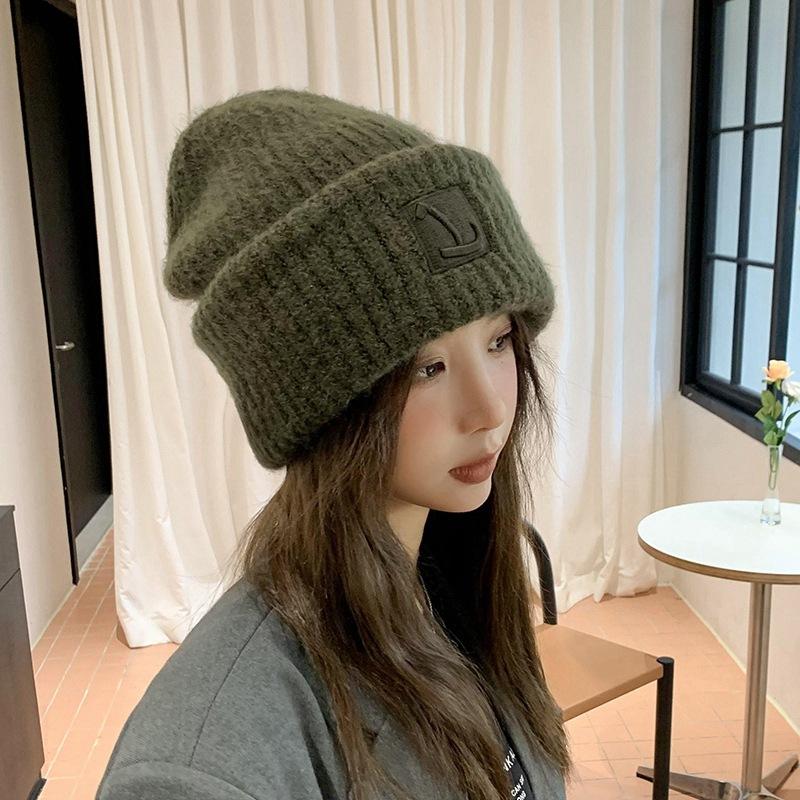 Big head circumference thick wool hat women's autumn and winter loose warm pile cold hat big face small knitted ear hat