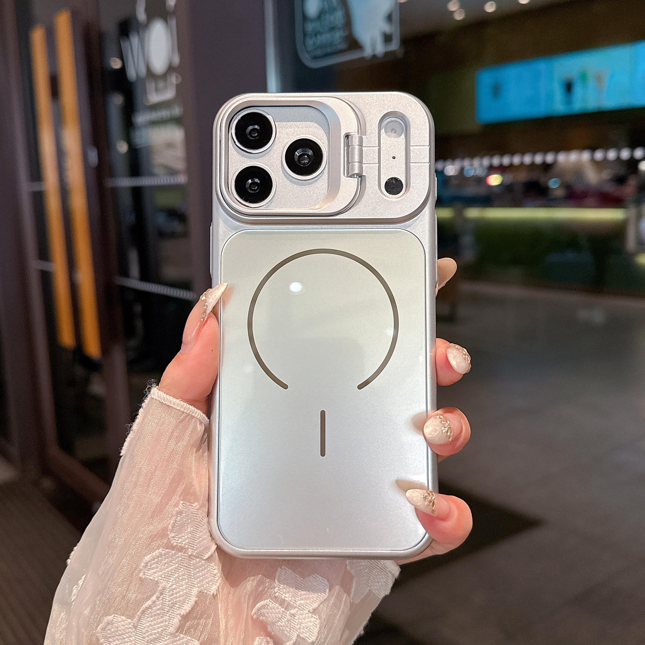 

Camera Stand Holder Glass Backplane Hard Phone Case For iPhone 17 16 15 14 13 12 11 Pro Max Magnetic For Magsafe Charging Cover iPhone17