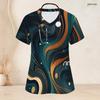Women Plus Size Nurse Scrub Top V Neck Short Sleeve Black Gold Marble Print Front Pockets