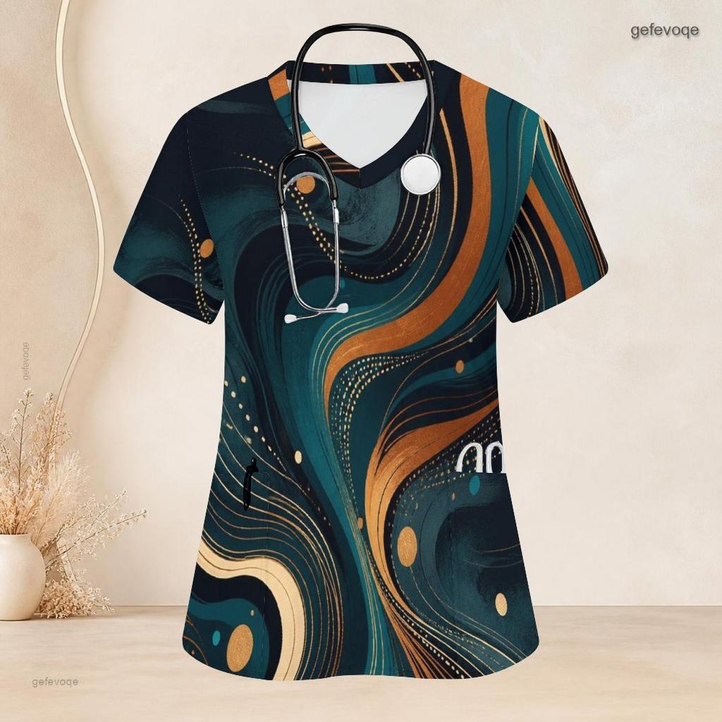 Women Plus Size Nurse Scrub Top V Neck Short Sleeve Black Gold Marble Print Front Pockets