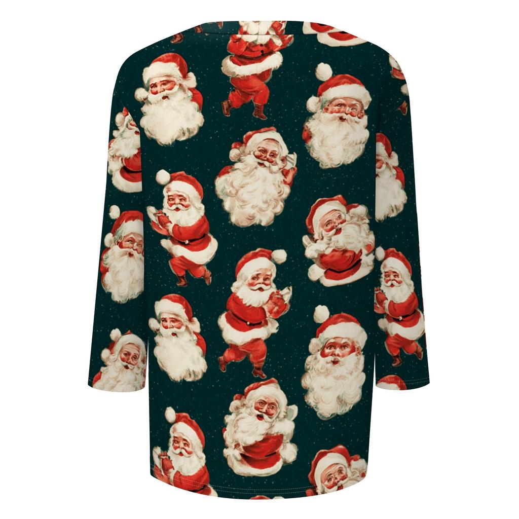 Women's Christmas Print V-Neck 3/4 Sleeve Loose Fit Casual Blouse Shirt Top