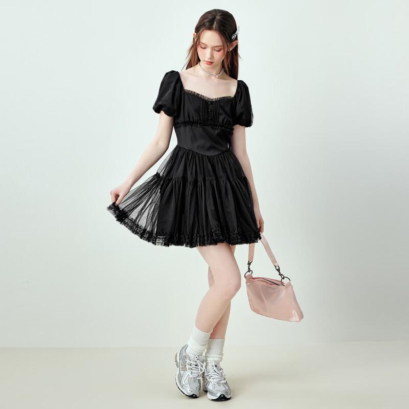 Ledian Black Mesh French Puffy Mini Dress