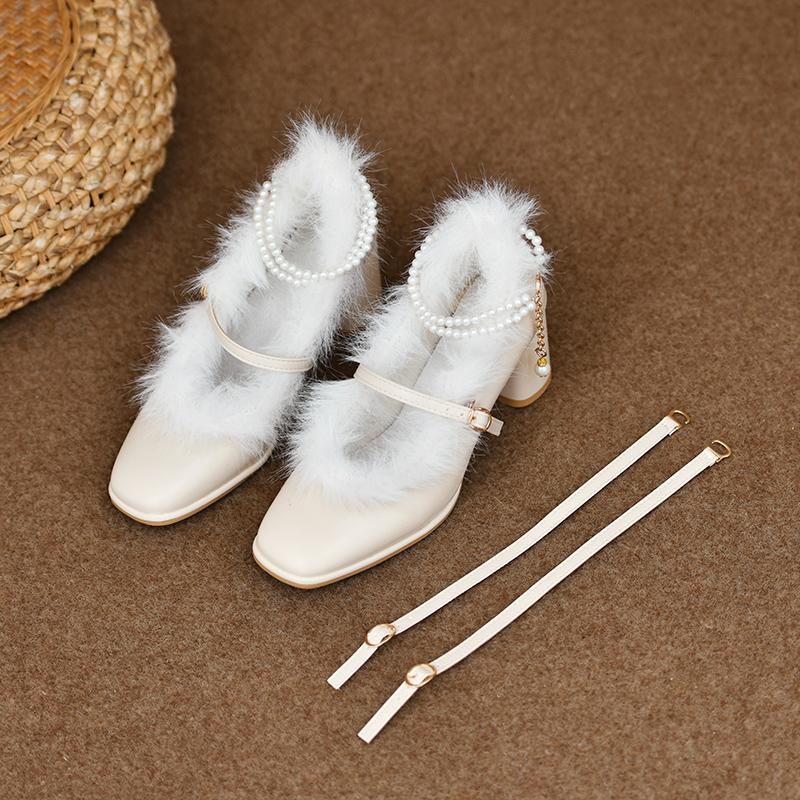 Fashion Women's Thick Heel Cotton Shoes Winter New Square Head Shallow Mouth Word with Anti-slip Wear-resistant High Heels