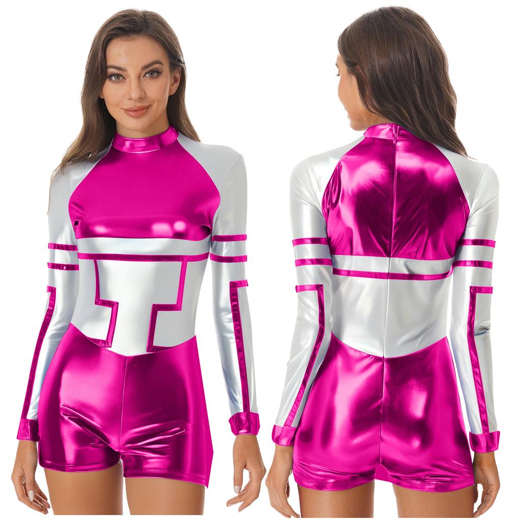 S-3XL Ladies Space Party Jumpsuit Alien Robot Design Metallic Shiny Contrast Color Long Sleeve Back Zipper Bodysuit for Halloween Cosplay