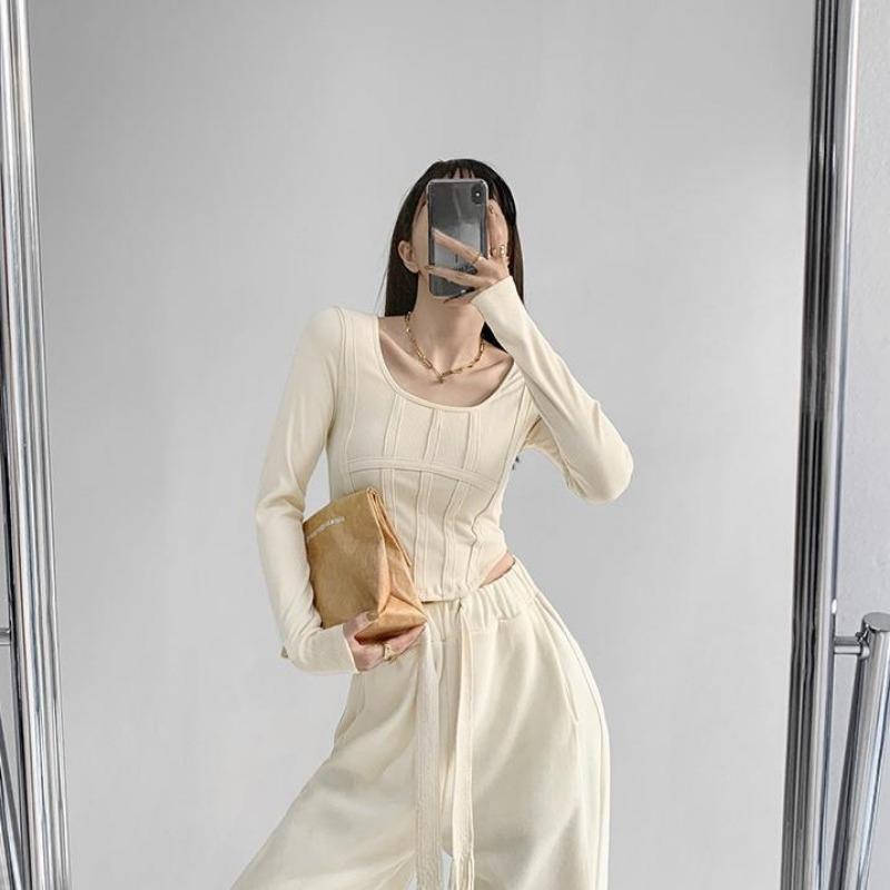 2KWEIRD Y2k T-Shirt Mädchen Crop Tops Frühling Damen Langarm O-Ausschnitt Baumwollshirts Bustier Harajuku Pullover Streetwear Allround-T-Shirt